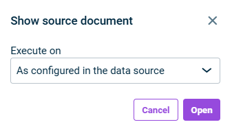 Show Source Document dialog with the Execute on drop-down list set to As configured in the data source, and Cancel and Open buttons