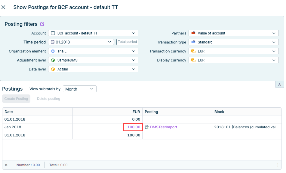 Show Postings dialog with the clicked value highlighted in the EUR column, and the linked posting and its period shown in the Posting and Block columns