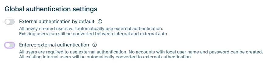 The 'Global authentication settings' section with the deactivated settings 'External authentication by default' and 'Enforce external authentication'.