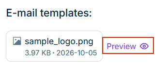 Shows the uploaded logo file 'sample_logo.png' with the 'Preview' option below 'E-mail templates' in the 'Customization' workspace in the Lucanet CFO Solution Platform. Highlighted in red is the 'Preview' option.