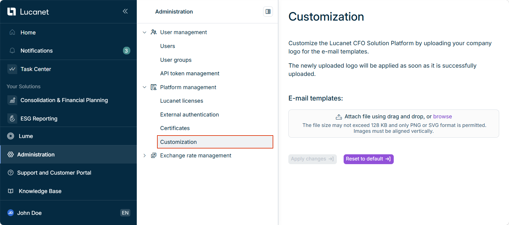 Shows the 'Customization' workspace in the Lucanet CFO Solution Platform with the 'E-mail templates' upload field and the 'Apply changes' and 'Reset to default' buttons. Highlighted in red is the 'Customization' entry under 'Platform management' in the 'Administration' menu.