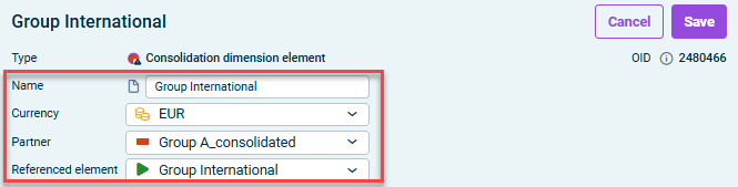 Displays the detail view of a consolidation dimension element in edit mode. The editable fields name, currency, partner, referenced element are highlighted.
