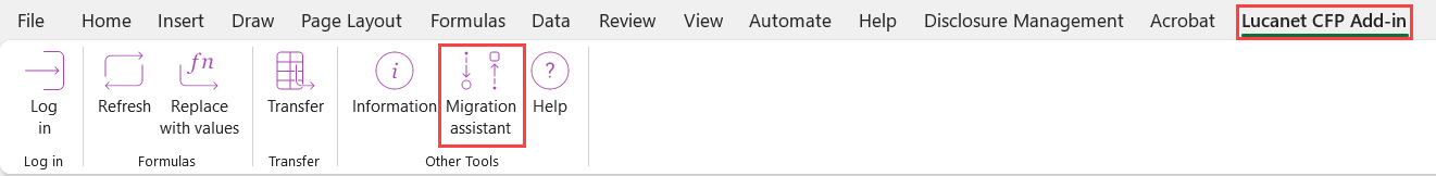 Shows the Excel ribbon. Highlighted is the tab 'Lucanet CFP Add In' and the button to open the Migration assistant