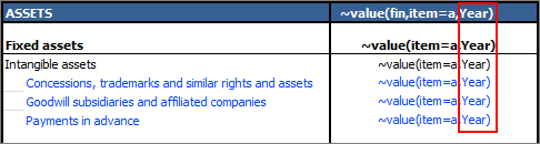 Shows an Excel section with tilde formulas. The part of the formula with the placeholder year is highlighted.