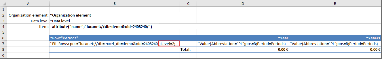 Shows an Excel section with the tilde formula Fill Rows and the parameter ‘Level’