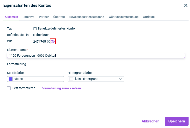 Zeigt den Dialog 'Eigenschaften des Kontos' an.
