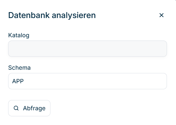 Zeigt den Dialog 'Datenbank analysieren' in Lucanet Consolidation & Financial Planning mit den Feldern 'Katalog' und 'Schema' sowie der Schaltfläche 'Abfrage'.