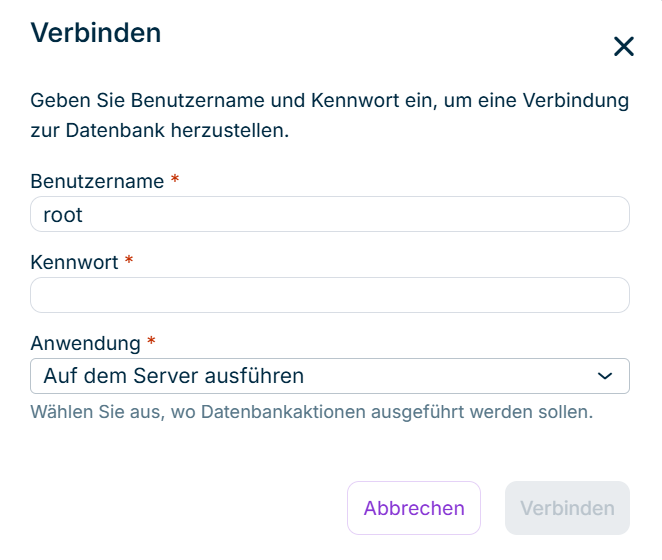 Zeigt den Dialog 'Verbinden' der Funktion 'Datenbank analysieren' in Lucanet Consolidation & Financial Planning mit den Feldern 'Benutzername', 'Kennwort' und 'Anwendung' sowie den Schaltflächen 'Abbrechen' und 'Verbinden'.