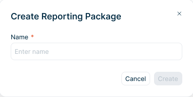 Shows the 'Create Reporting Package' dialog in Data Collection with the 'Name' field, the 'Enter name' placeholder, and the 'Cancel' and 'Create' buttons.