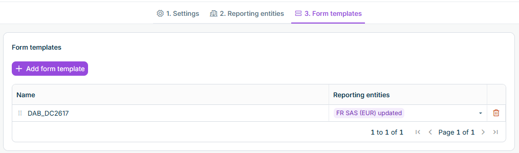Shows the '3. Form templates' step of a reporting package in Data Collection with the 'Add form template' button and a table with the 'Name' and 'Reporting entities' columns. The table lists the form template 'DAB_DC2617' with the reporting entity 'FR SAS (EUR) updated'. Next to the '3. Form templates' tab, the '1. Settings' and '2. Reporting entities' tabs are displayed.