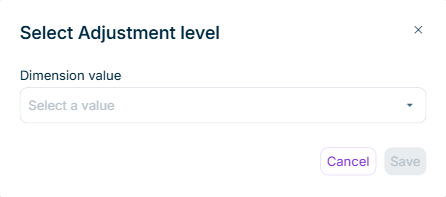 Shows the 'Select Adjustment level' dialog of a validation rule variable in Lucanet Data Collection with the 'Dimension value' drop-down list, the placeholder 'Select a value', and the 'Cancel' and 'Save' buttons.
