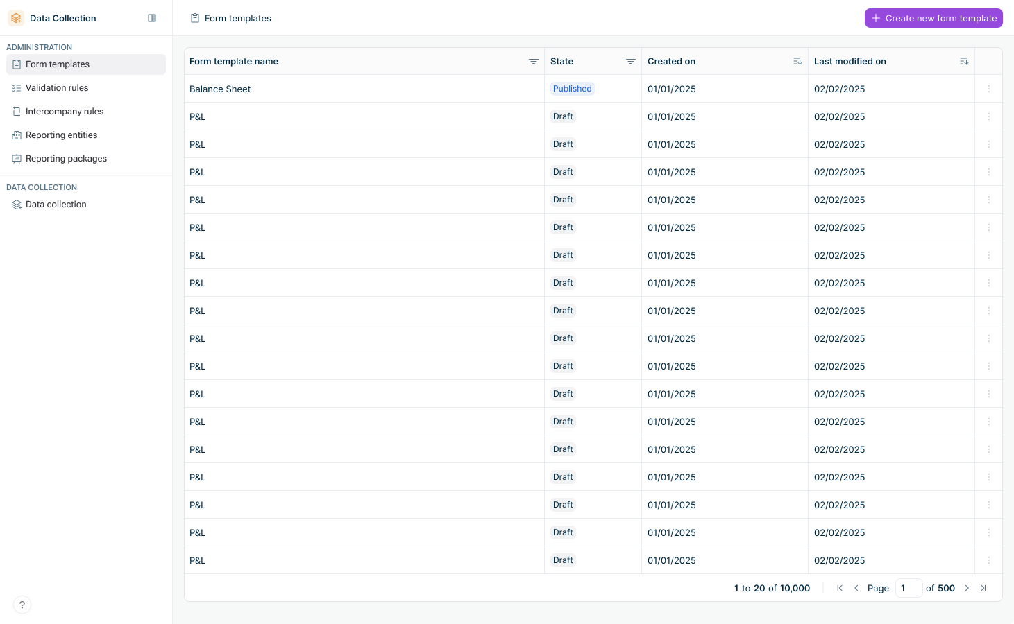 Shows the 'Form templates' workspace in Data Collection with the columns 'Form template name', 'State', 'Created on', and 'Last modified on', the example form templates 'Balance Sheet' in 'Published' state and 'P&L' in 'Draft' state, and the 'Create new form template' button.