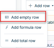 Shows the 'Add row' drop-down menu below a table in Data Collection with the options 'Add empty row', 'Add formula row', and 'Add total row'. Highlighted in red is the 'Add empty row' option.