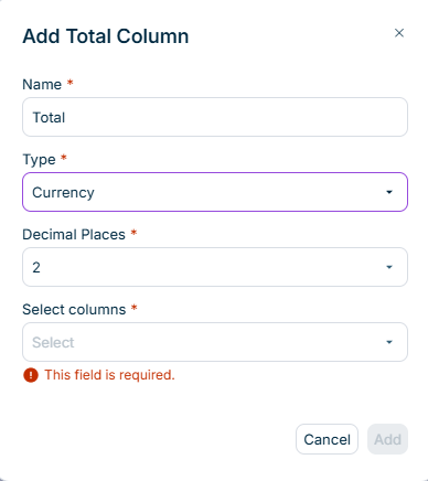 Shows the 'Add Total Column' dialog in Data Collection with the 'Name' field containing 'Total', the 'Type' drop-down list set to 'Currency', the 'Decimal Places' drop-down list set to '2', the empty 'Select columns' drop-down list with the error message 'This field is required.', and the 'Cancel' and 'Add' buttons.