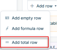 Shows the 'Add row' drop-down menu below a table in Data Collection with the options 'Add empty row', 'Add formula row', and 'Add total row'. Highlighted in red is the 'Add total row' option.