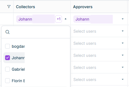 Shows the 'Collectors' and 'Approvers' columns of the reporting entities list in Data Collection. The drop-down list of the 'Collectors' column is open and displays a search field and a list of users with check boxes, one of which is selected. Other rows of the 'Approvers' column display the 'Select users' placeholder.