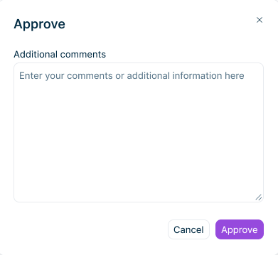 Shows the 'Approve' dialog in Data Collection with the 'Additional comments' field and the 'Cancel' and 'Approve' buttons.