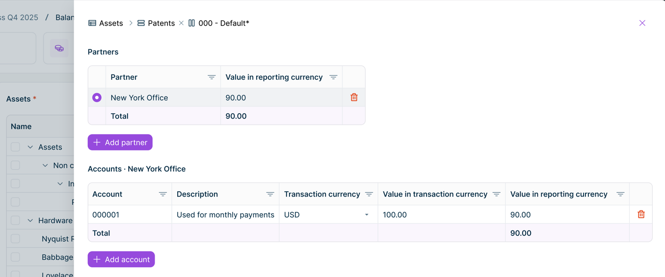Shows the drill down dialog in Data Collection for 'Assets', 'Patents', and '000 - Default*' with the 'Partners' table, in which the partner 'New York Office' with the value '90.00' is selected, the 'Add partner' button, the 'Accounts · New York Office' table with the columns 'Account', 'Description', 'Transaction currency', 'Value in transaction currency', and 'Value in reporting currency' and an entry for the account '000001', and the 'Add account' button.