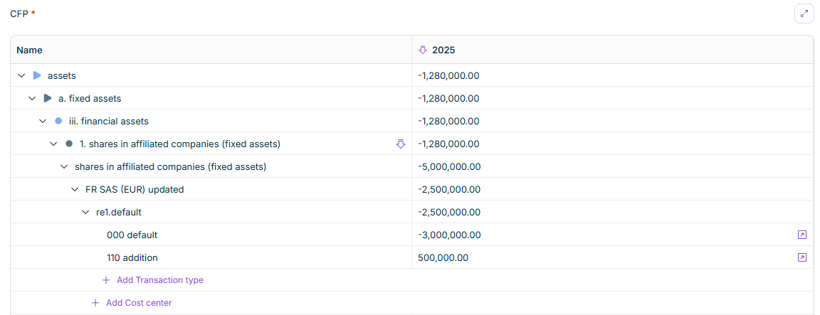 Shows a CFP pivot table in Data Collection with the 'Name' and '2025' columns. Beneath the row '1. shares in affiliated companies (fixed assets)', nested subordinate rows such as 'FR SAS (EUR) updated', 're1.default', '000 default', and '110 addition' display the imported values on each level, followed by the 'Add Transaction type' and 'Add Cost center' links.