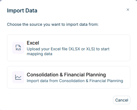 Shows the 'Import Data' dialog in Data Collection with the text 'Choose the source you want to import data from:', the 'Excel' and 'Consolidation & Financial Planning' options, and the 'Cancel' button.
