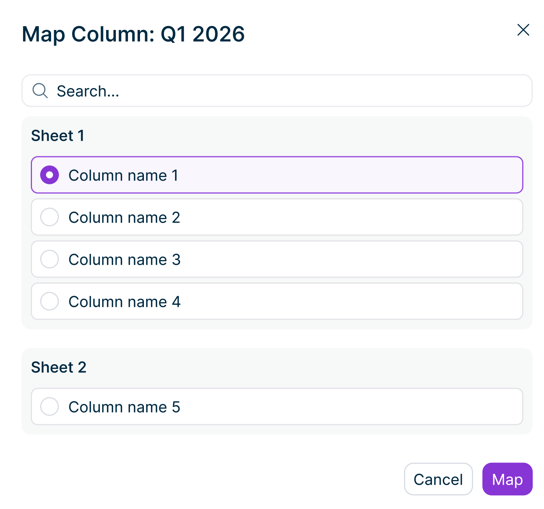 Shows the 'Map Column: Q1 2026' dialog in Data Collection with a search field, the columns 'Column name 1' to 'Column name 4' under 'Sheet 1' with 'Column name 1' selected, 'Column name 5' under 'Sheet 2', and the 'Cancel' and 'Map' buttons.