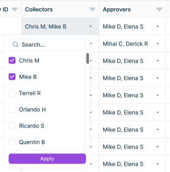 Shows the drop-down list of the 'Collectors' column in the reporting entities list in Data Collection with a 'Search...' field, a list of users with check boxes, of which 'Chris M' and 'Mike B' are selected, and the 'Apply' button.