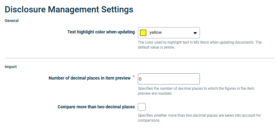 Shows the 'Disclosure Management Settings' with the 'General' section and the option 'Text highlight color when updating', and the 'Import' section with the options 'Number of decimal places in item preview' and 'Compare more than two decimal places'.