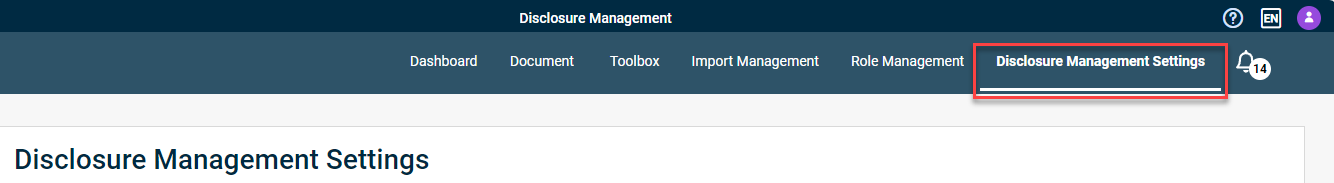 Shows the Disclosure Management function bar with the menu items 'Dashboard', 'Document', 'Toolbox', 'Import Management' and 'Role Management'. Highlighted in red is the menu item 'Disclosure Management Settings'.