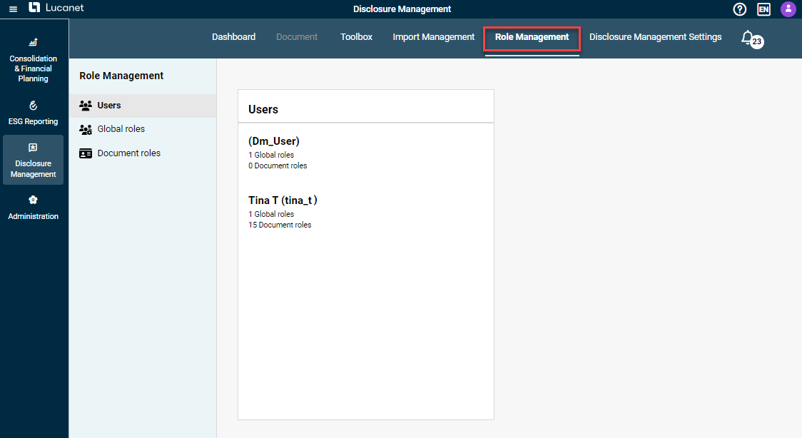 Shows the 'Role Management' functional area in Disclosure Management with the areas 'Users', 'Global roles' and 'Document roles' and the list of users with the number of their global roles and document roles. Highlighted in red is the menu item 'Role Management' in the function bar.