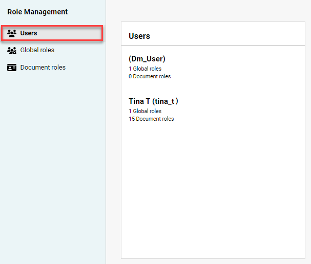 Shows the 'Users' area of Role Management in Disclosure Management with the users and the number of their 'Global roles' and 'Document roles'. Highlighted in red is the 'Users' area in the navigation.