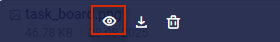 Shows an entry in the 'Attached files' list in Disclosure Management with the icons for preview, download and delete. Highlighted in red is the preview icon (a stylized eye).