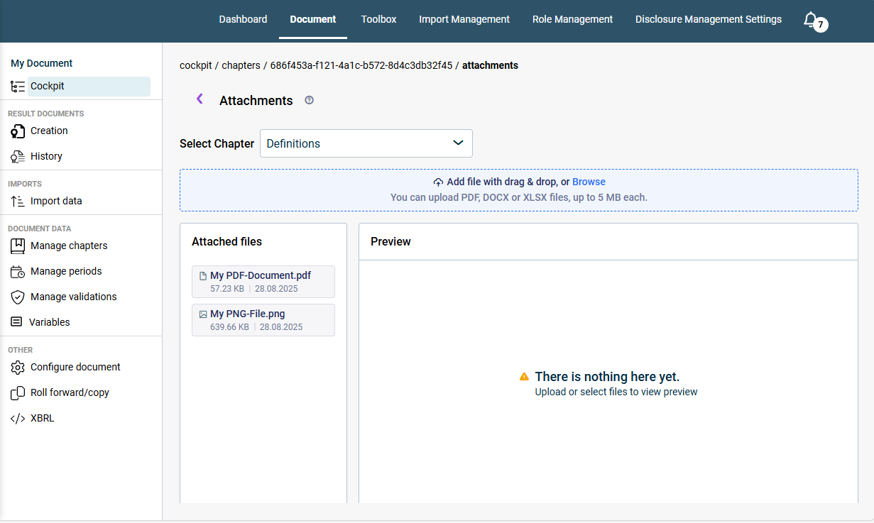 Shows the 'Attachments' area in Disclosure Management with the drop-down list 'Select Chapter', the upload area 'Add file with drag & drop, or Browse', the list 'Attached files' with a PDF and a PNG file, and the 'Preview' area.