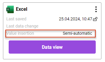 Shows the area 'Excel' in the detail view of a chapter in Disclosure Management with 'Last saved', 'Last data change' and the 'Data view' button. Highlighted in red is 'Value insertion' with the value 'Semi-automatic'.