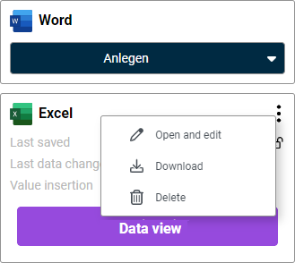 Shows the areas 'Word' and 'Excel' in the detail view of a chapter in Disclosure Management with the open three dots menu of the Excel file and the commands 'Open and edit', 'Download' and 'Delete'.