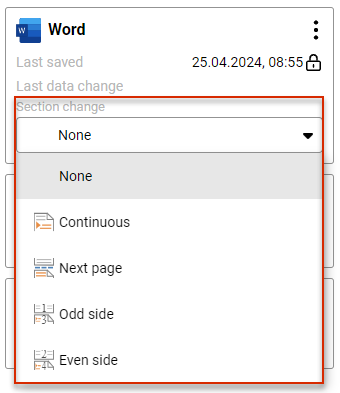 Shows the area 'Word' in the detail view of a chapter in Disclosure Management. Highlighted in red is the open drop-down list 'Section change' with the options 'None', 'Continuous', 'Next page', 'Odd side' and 'Even side'.