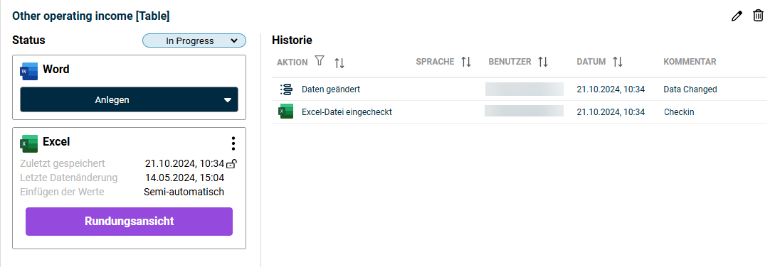 Shows the detail view of the chapter 'Other operating income [Table]' in Disclosure Management with the 'Status' 'In Progress', the area 'Word' with the button 'Anlegen', the area 'Excel' with 'Zuletzt gespeichert', 'Letzte Datenänderung', 'Einfügen der Werte' and the button 'Rundungsansicht', and the list 'Historie'.