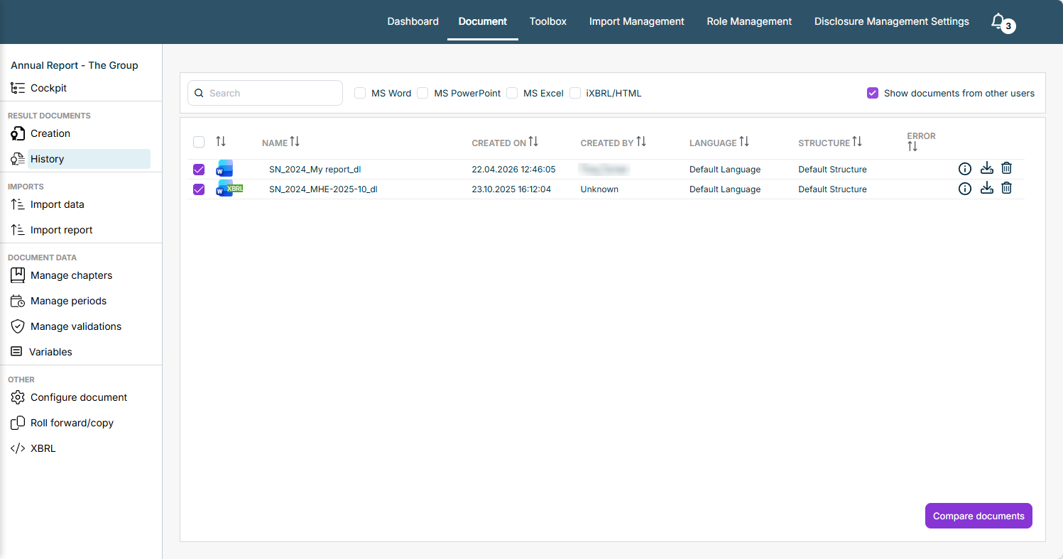 Shows the 'History' workspace of the document 'Annual Report - The Group' in Disclosure Management with two selected result documents and the 'Compare documents' button.