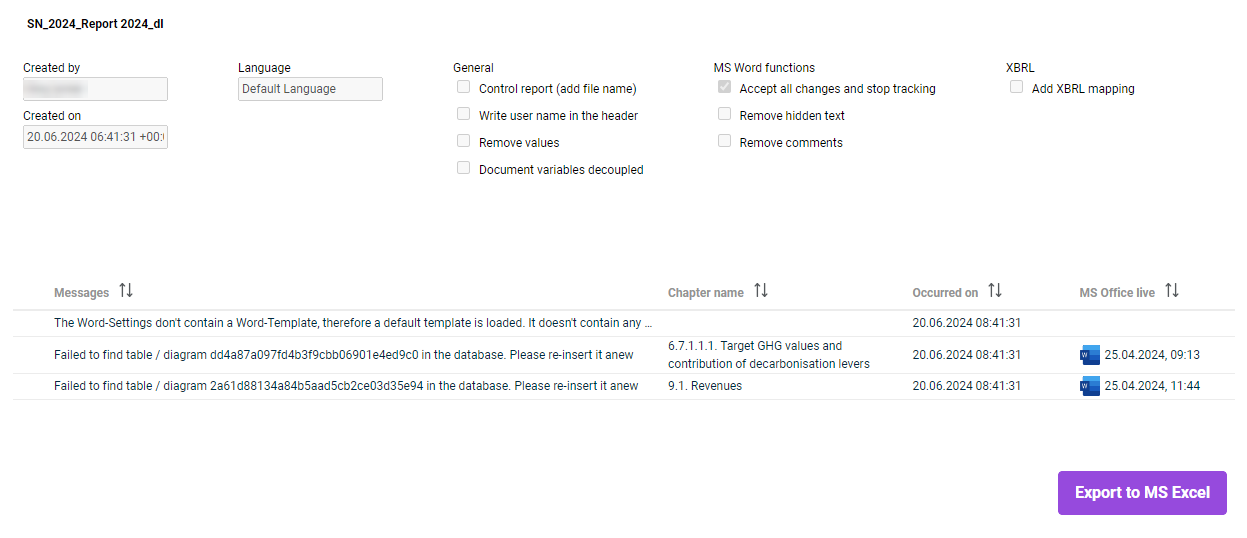 Shows the detail view of the result document 'SN_2024_Report 2024_dl' in Disclosure Management with the fields 'Created by', 'Created on' and 'Language', the option areas 'General', 'MS Word functions' and 'XBRL', a table with the columns 'Messages', 'Chapter name', 'Occurred on' and 'MS Office live', and the 'Export to MS Excel' button.