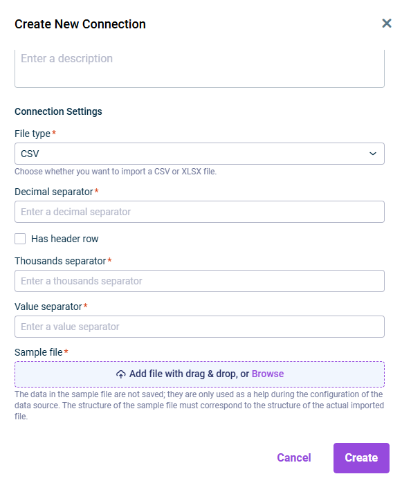 Shows the 'Connection Settings' area of the 'Create New Connection' dialog in Disclosure Management with the file type 'CSV' and the fields 'Decimal separator', 'Has header row', 'Thousands separator', 'Value separator' and 'Sample file'.