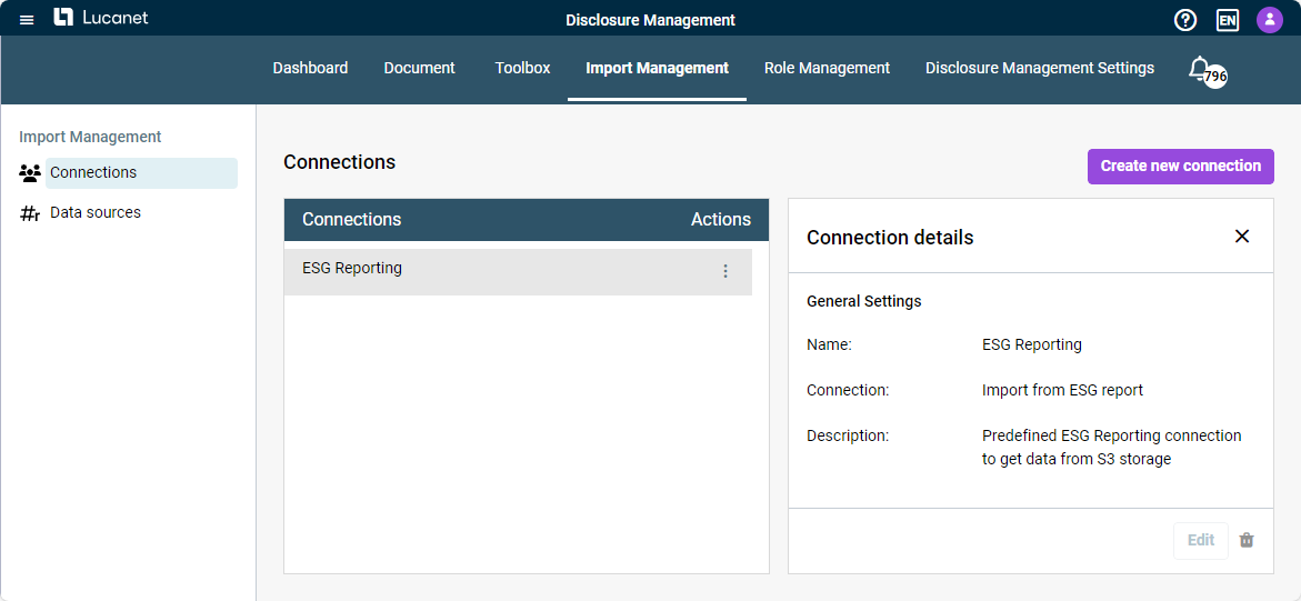 Shows the 'Connection details' of the default connection 'ESG Reporting' in Disclosure Management with the connection 'Import from ESG report' and the description 'Predefined ESG Reporting connection to get data from S3 storage'. The 'Edit' button is grayed out.