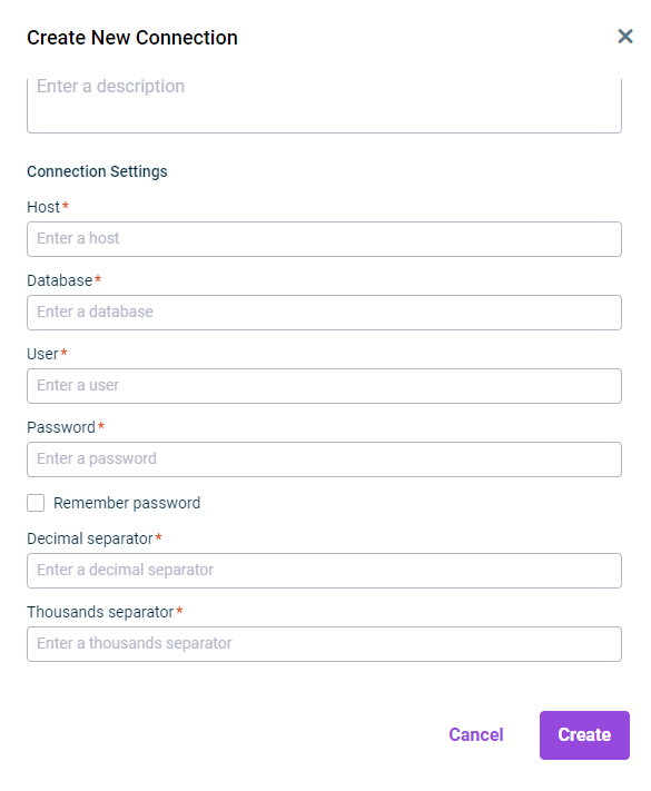 Shows the 'Connection Settings' area of the 'Create New Connection' dialog in Disclosure Management with the fields 'Host', 'Database', 'User', 'Password', 'Remember password', 'Decimal separator' and 'Thousands separator'.