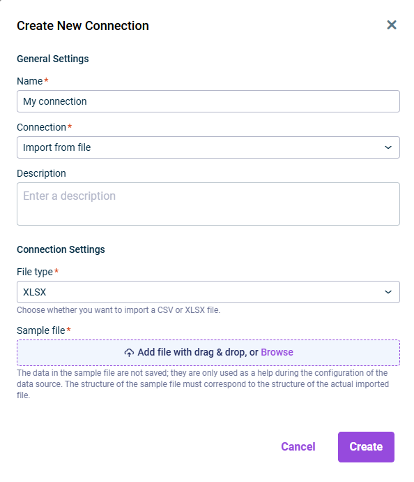 Shows the 'Create New Connection' dialog in Disclosure Management with the name 'My connection', the connection 'Import from file', and in the 'Connection Settings' area the file type 'XLSX' and the field 'Sample file'.