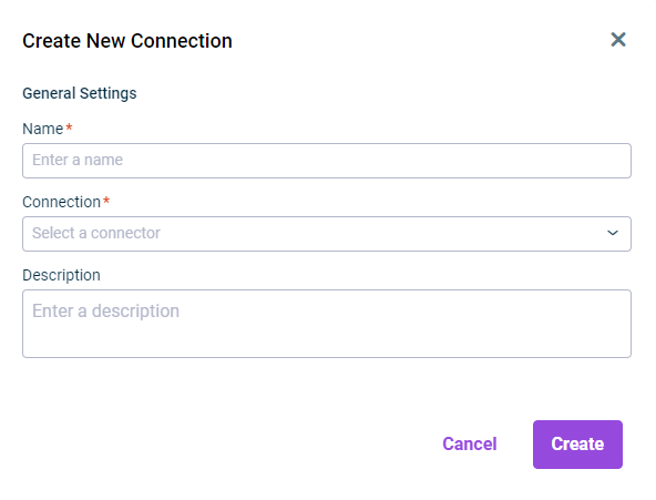 Shows the 'Create New Connection' dialog in Disclosure Management with the 'General Settings' area and the fields 'Name', 'Connection' and 'Description'.