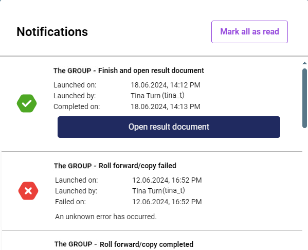 Shows the 'Notifications' window in Disclosure Management with the 'Mark all as read' button and the notifications 'The GROUP - Finish and open result document' with the 'Open result document' button and 'The GROUP - Roll forward/copy failed' with the message 'An unknown error has occurred.'