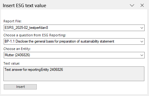 Shows the 'Insert ESG text value' dialog of Disclosure Management in MS Word with the drop-down lists 'Report File', 'Choose a question from ESG Reporting' and 'Choose an Entity', the field 'Text value' with the text answer, and the 'Insert' button.