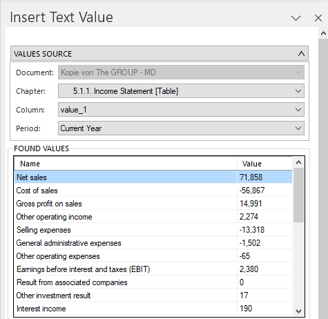 Shows the areas 'VALUES SOURCE' and 'FOUND VALUES' of the 'Insert Text Value' window in Disclosure Management with the fields 'Document', 'Chapter', 'Column' and 'Period' and a list of values with the columns 'Name' and 'Value'.