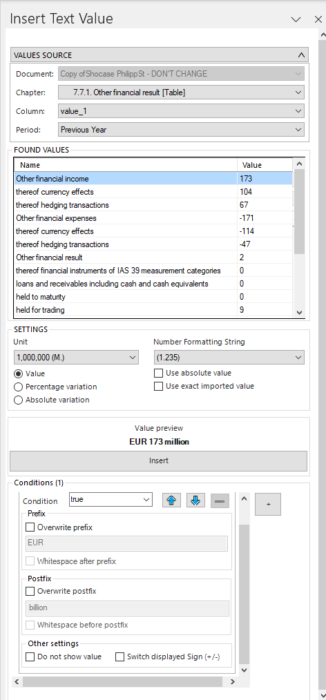 Shows the 'Insert Text Value' window of Disclosure Management in MS Word with the areas 'VALUES SOURCE', 'FOUND VALUES' and 'SETTINGS', the 'Value preview' 'EUR 173 million', the 'Insert' button, and the area 'Conditions (1)' with 'Prefix', 'Postfix' and 'Other settings'.