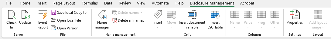 Shows the 'Disclosure Management' tab of the Excel ribbon in Office for Desktop with the areas 'Server', 'File', 'Name management', 'Cells', 'Columns', 'Settings' and 'Layout'.