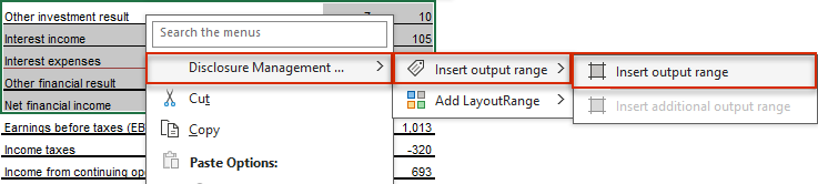 Shows the context menu in MS Excel with the entry 'Disclosure Management ...' and its submenus 'Insert output range' and 'Add LayoutRange'. Highlighted in red are 'Disclosure Management ...', 'Insert output range' and the command 'Insert output range'.
