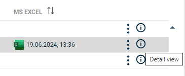 Shows part of the 'MS EXCEL' column of the Cockpit in Disclosure Management with the info icon and its tooltip 'Detail view'.